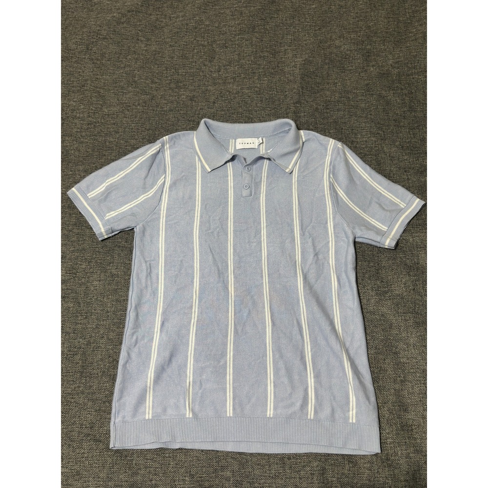 Topman Mens XL Polo Shirt Blue White Vertical Striped Knit Short Sleeve